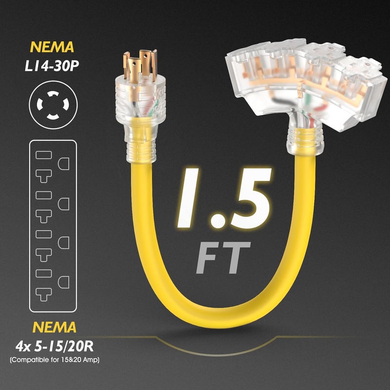 TOOLIOM 30 Amp Generator Adapter Cord Power Splitter, NEMA L14-30P to 4 x 5-15R/5-20R Household Plug, ETL Listed Generator Extension Cord 125/250V 7500W STW 10AWG/4C (1.5 FT) - Image 2